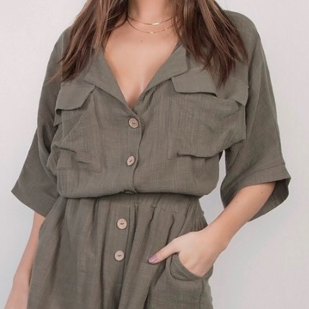 Olive Green Utility Button Front Romper Short Sleeve Casual Jumpsuit - Picture 7 of 12